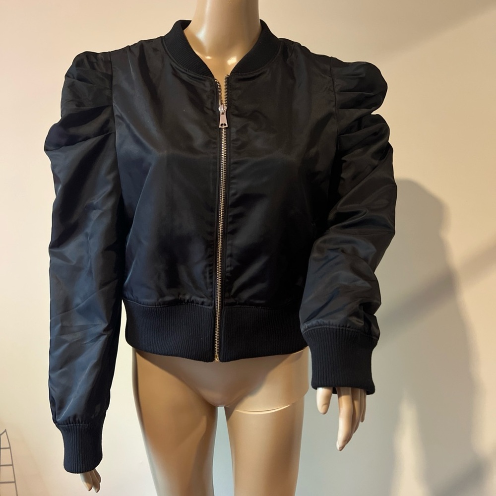 Generation Love Black Satin Puff-Sleeve Bomber Jacket